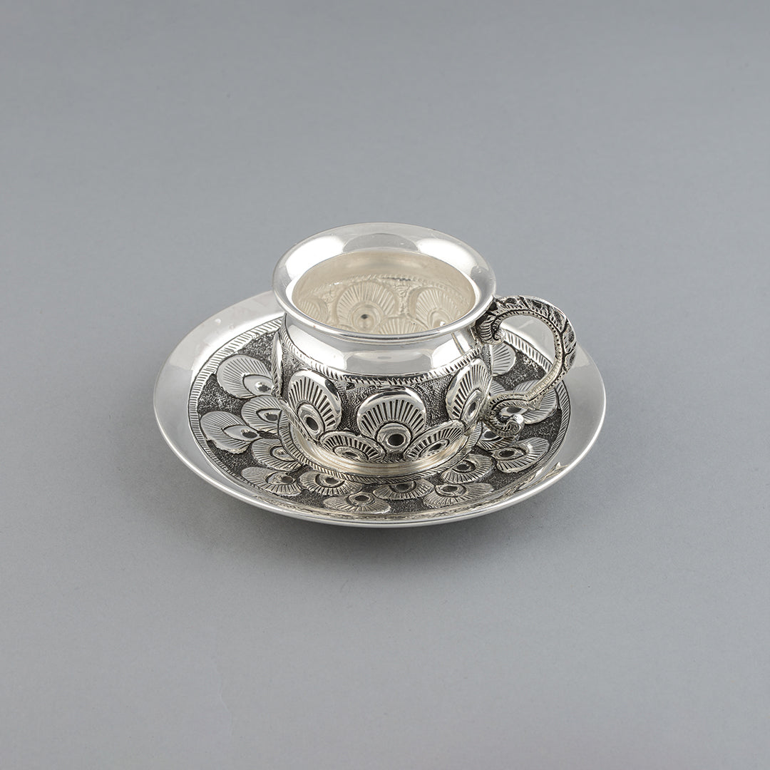 Silver Antique Tea Cup and Saucer with Peacock Feathers - Krishna Jewellers Pearls and Gems