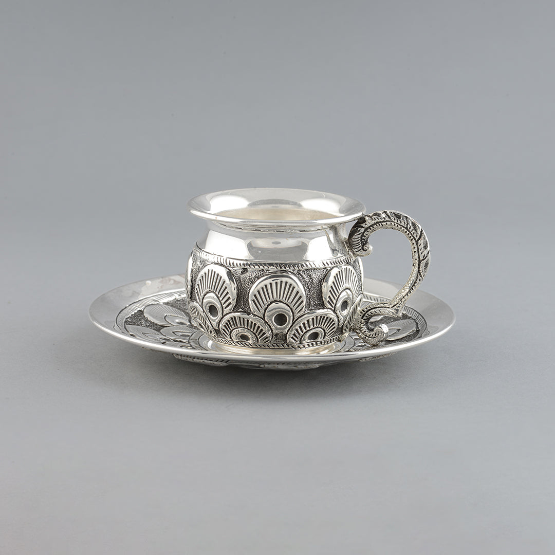 Silver Antique Tea Cup and Saucer with Peacock Feathers - Krishna Jewellers Pearls and Gems