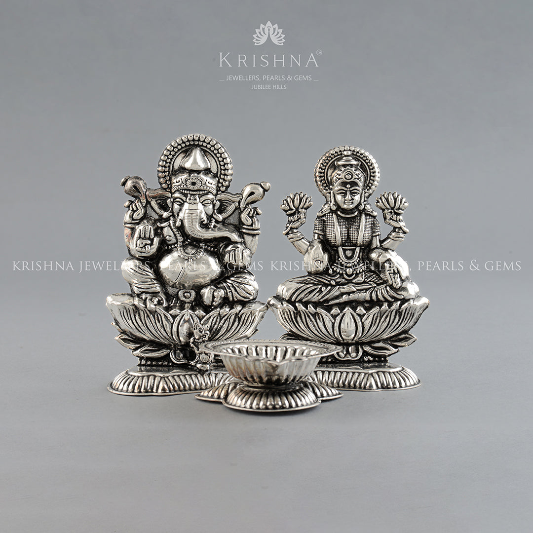 Pure Silver Ganesh Laxmi Murti With Deepam - Krishna Jewellers Pearls and Gems