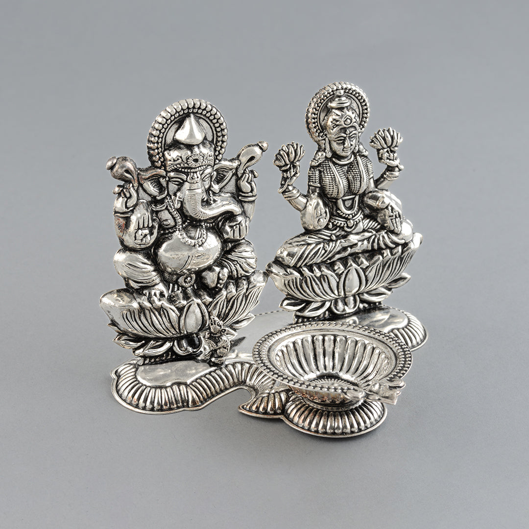 Pure Silver Ganesh Laxmi Murti With Deepam - Krishna Jewellers Pearls and Gems