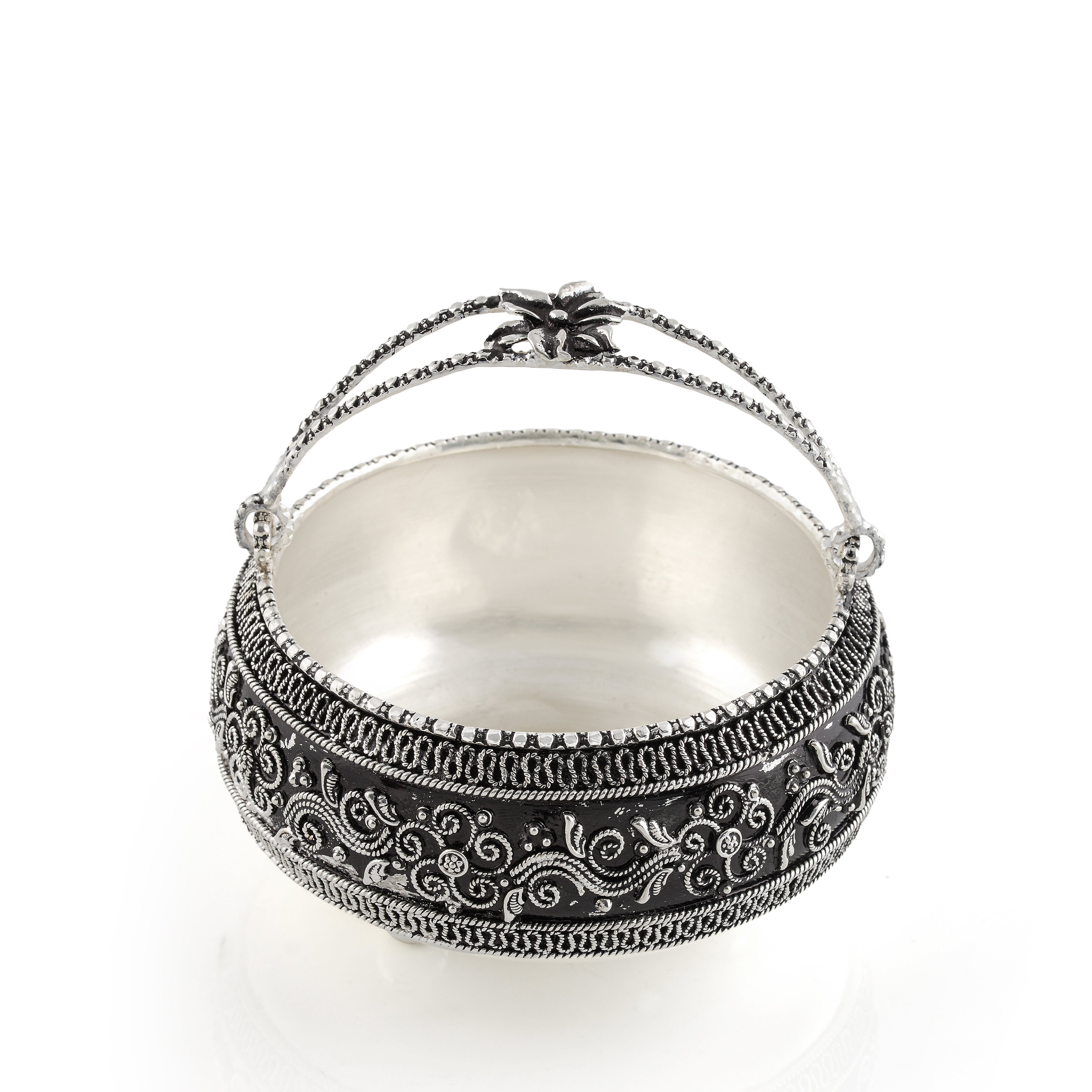 Antique Silver Flower Bowl in Dark Theme - Krishna Jewellers Pearls and Gems