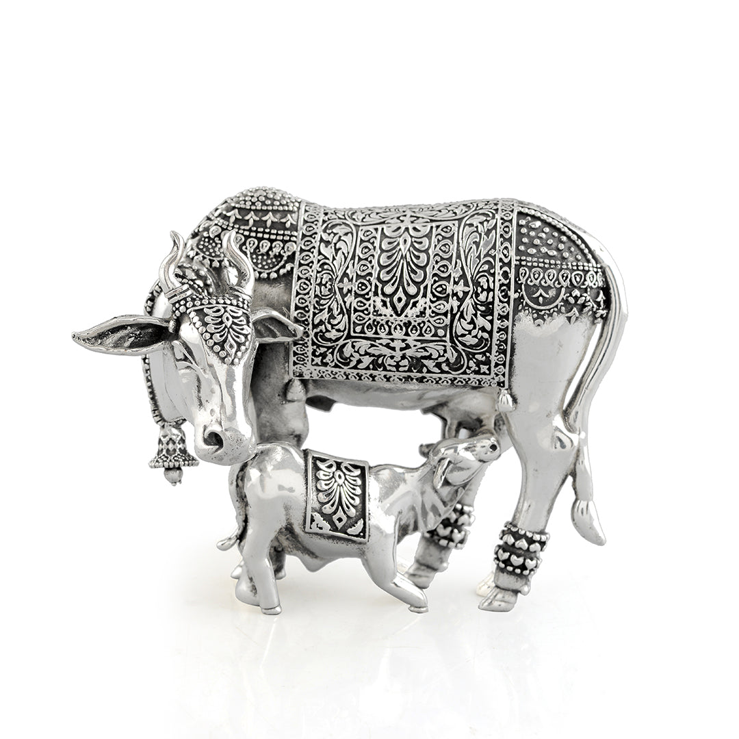 Divine Silver Cow and Calf in Antique Finish - Krishna Jewellers Pearls and Gems