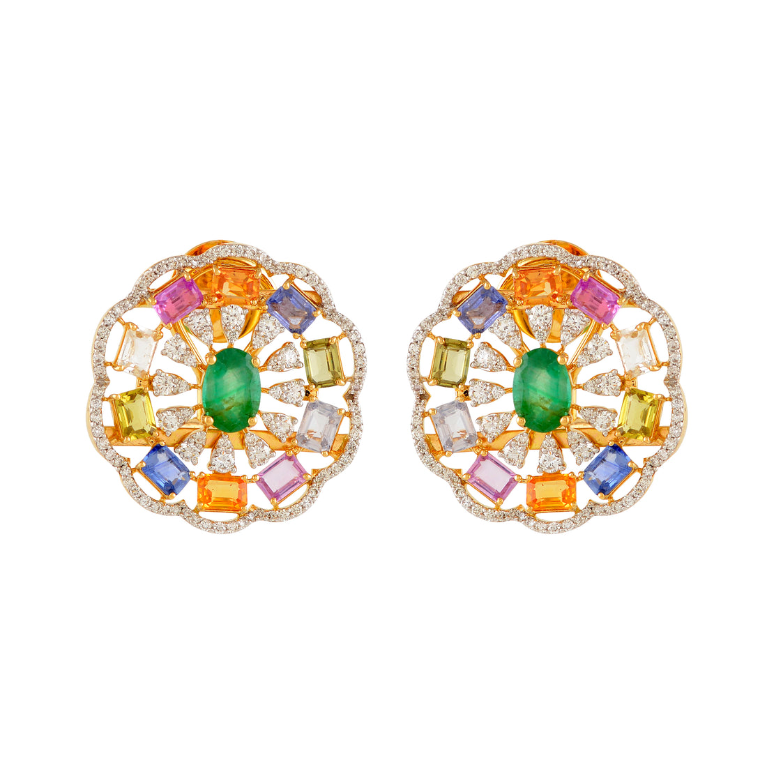 Unique Multicolor Tourmaline and Emerald Stud Earrings