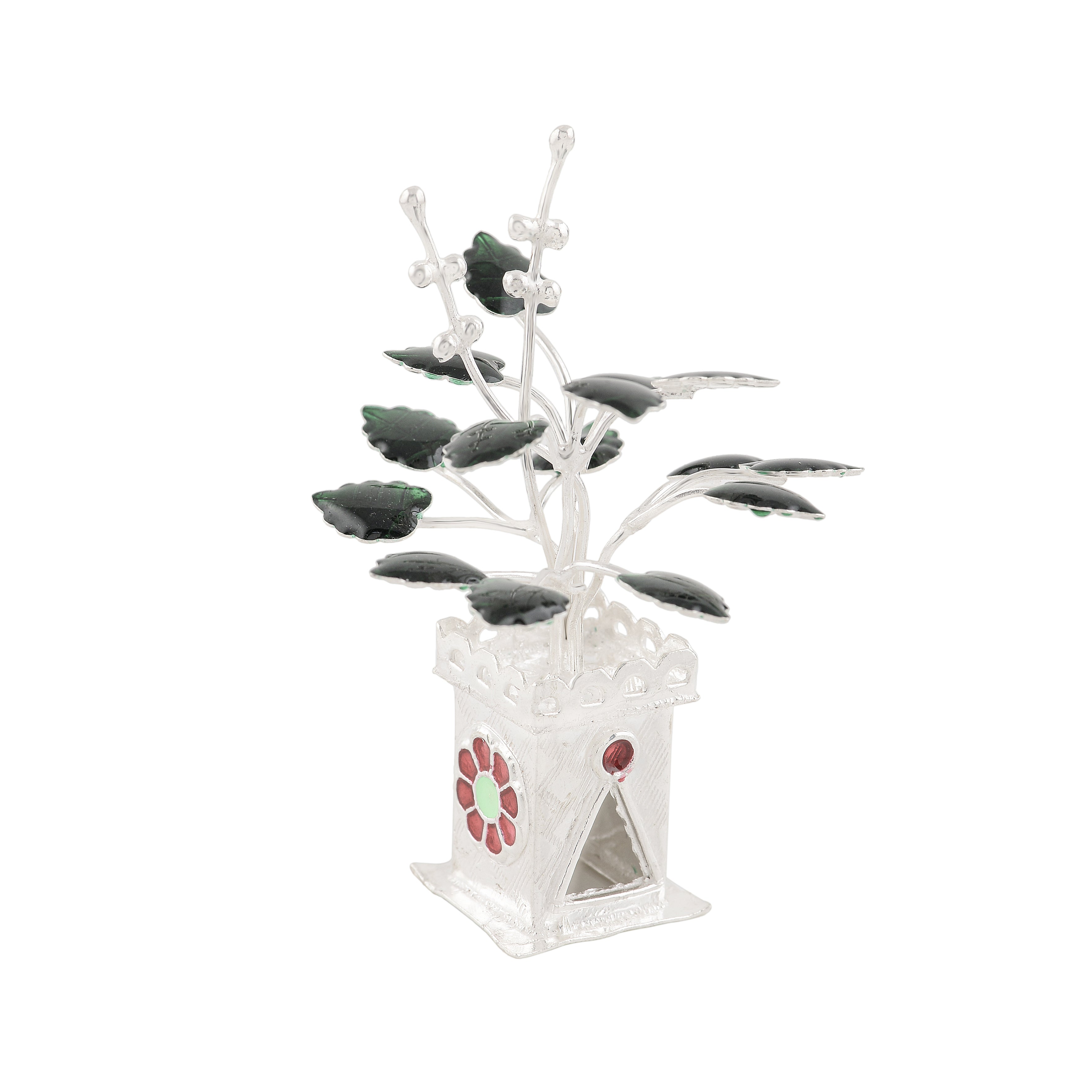 Silver Tulasi Kota with Decorative Leaves