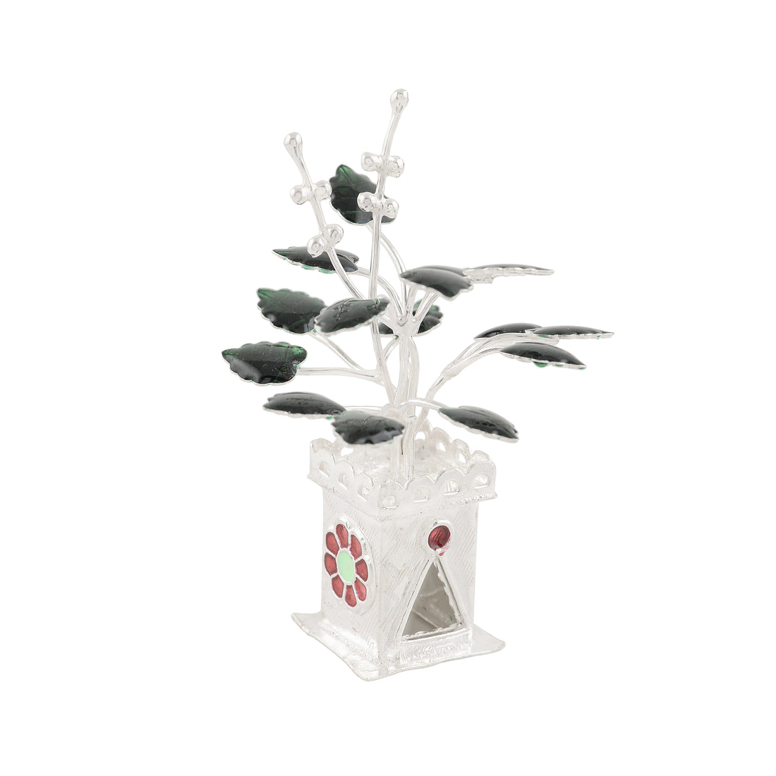 Silver Tulasi Kota with Decorative Leaves