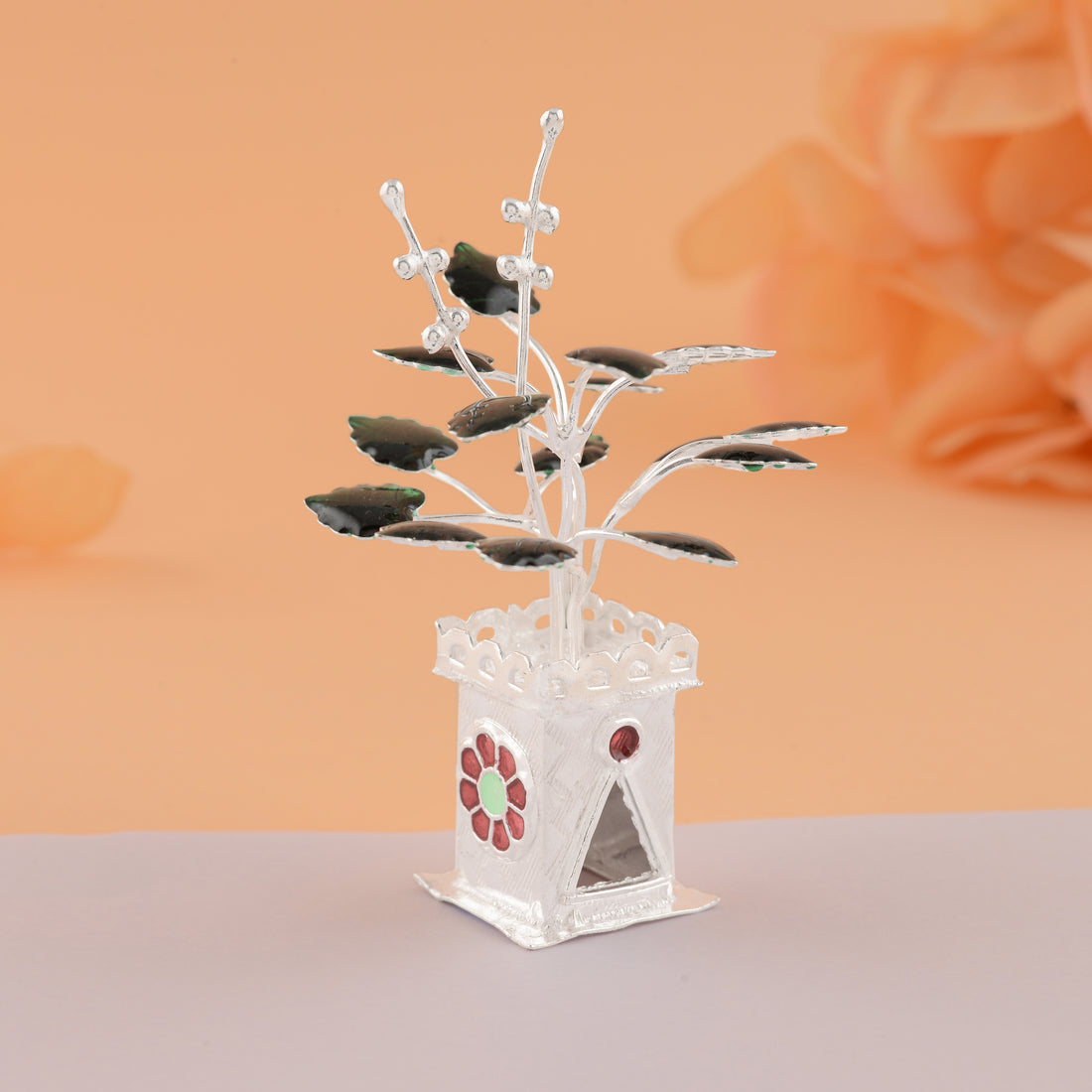 Silver Tulasi Kota with Decorative Leaves