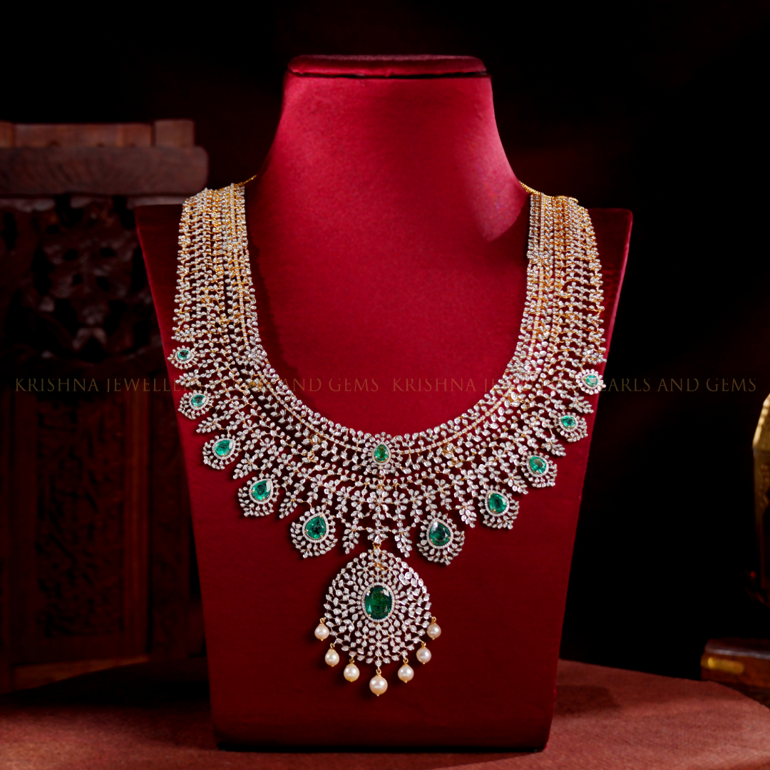Luxury 18K Diamond Bridal Long Haar Necklace with Premium Emerald Accents