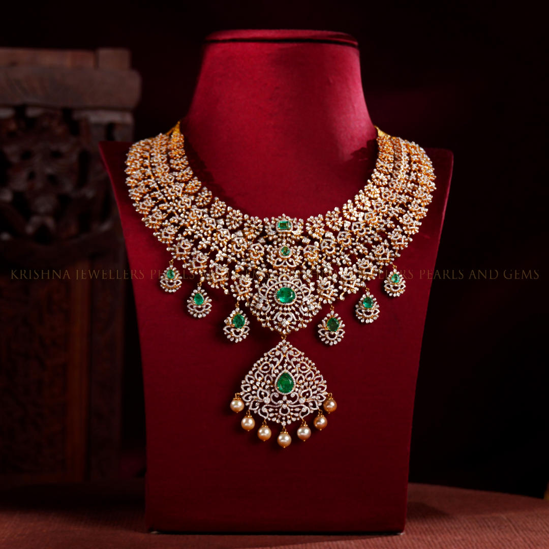 Premium Bridal Diamond Necklace with Emerald Accents | Short Wedding Jewelry