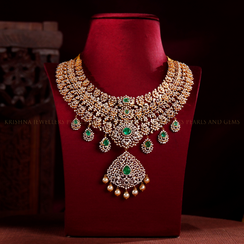 Premium Bridal Diamond Necklace with Emerald Accents | Short Wedding Jewelry