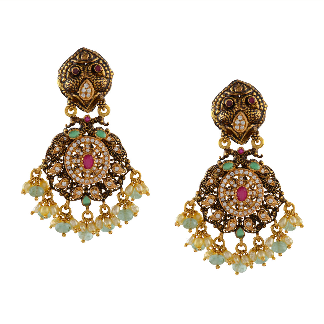 Antique Gold Earrings in Peacock Motif - Krishna Jewellers Pearls and Gems
