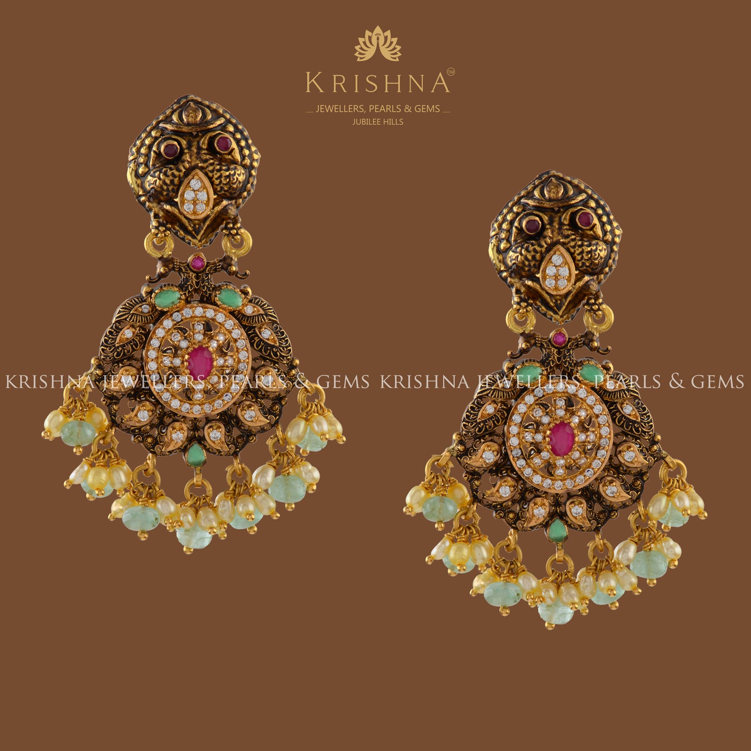 Antique Gold Earrings in Peacock Motif - Krishna Jewellers Pearls and Gems