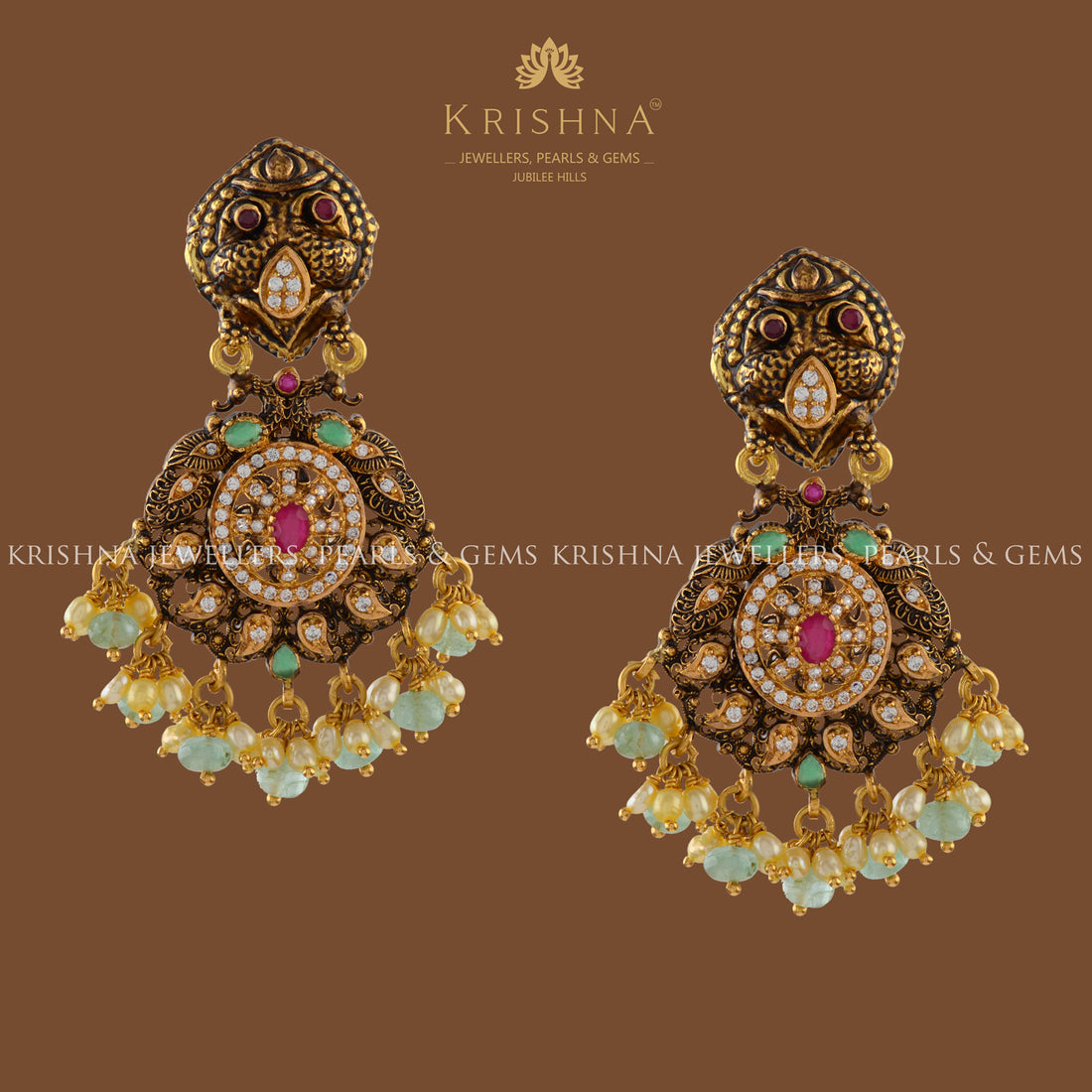 Antique Gold Earrings in Peacock Motif - Krishna Jewellers Pearls and Gems