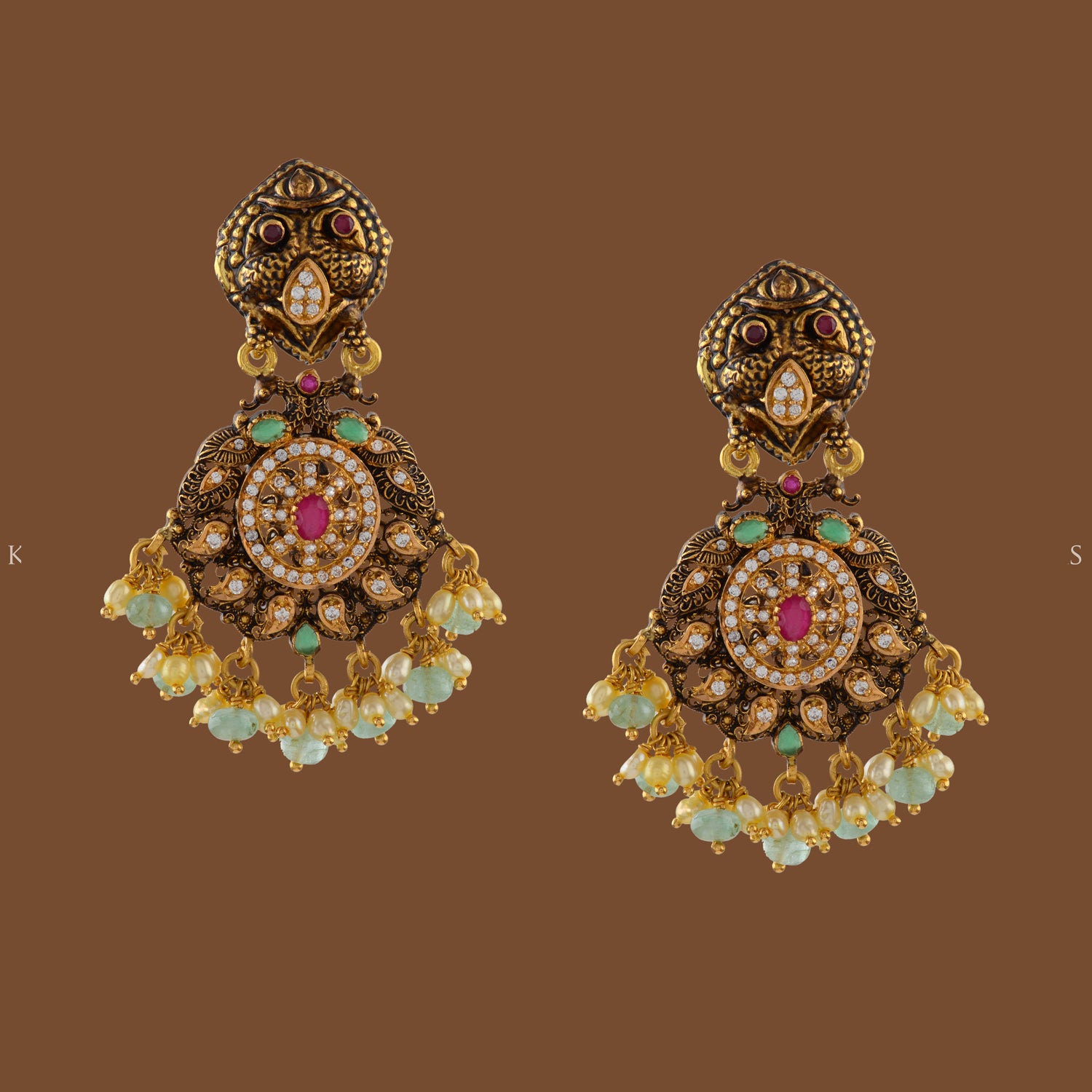 Antique Gold Earrings in Peacock Motif - Krishna Jewellers Pearls and Gems