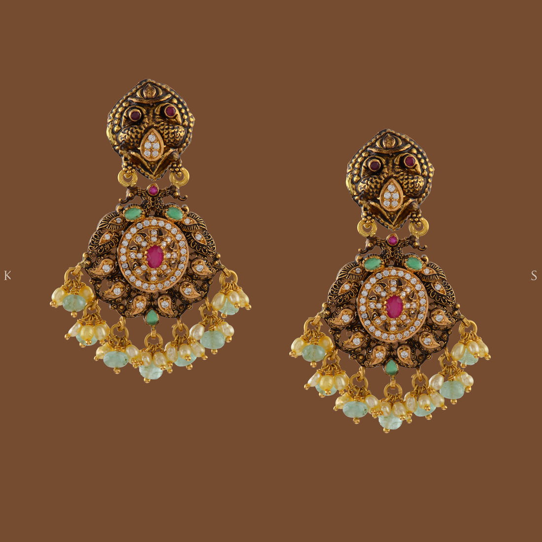 Antique Gold Earrings in Peacock Motif - Krishna Jewellers Pearls and Gems