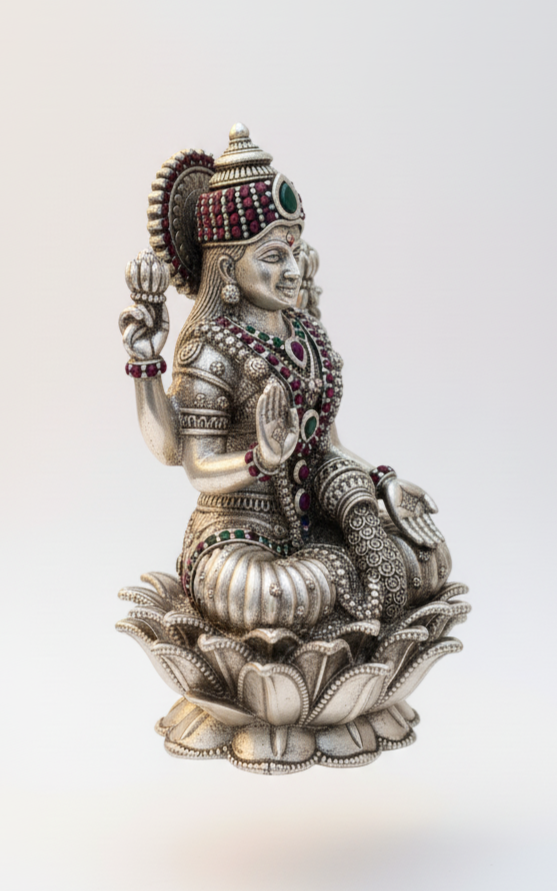Silver Lakshmi Idol with Colorful Gemstones - Lotus Base