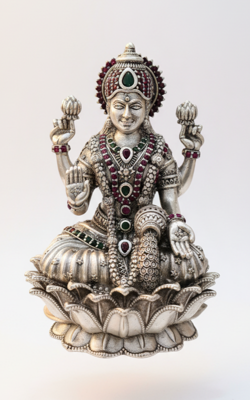 Silver Lakshmi Idol with Colorful Gemstones - Lotus Base