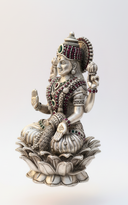 Silver Lakshmi Idol with Colorful Gemstones - Lotus Base