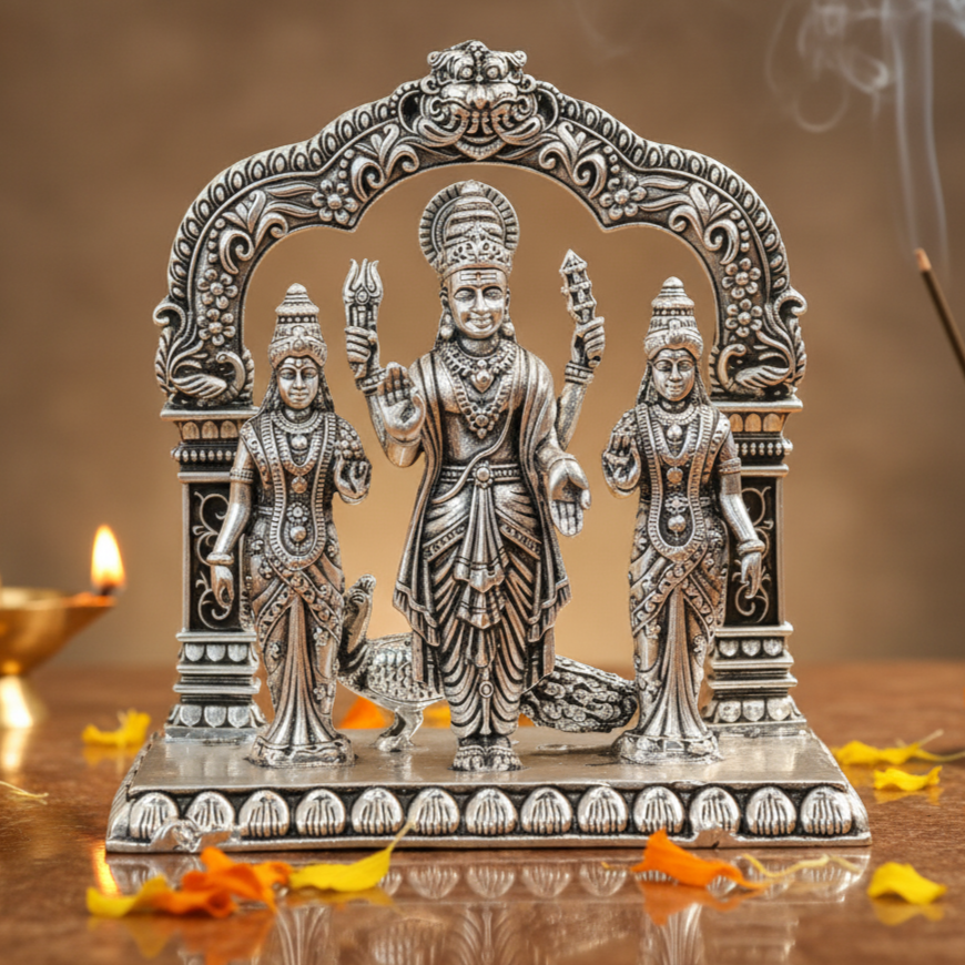 Silver Idol of Lord Murugan with His Consorts