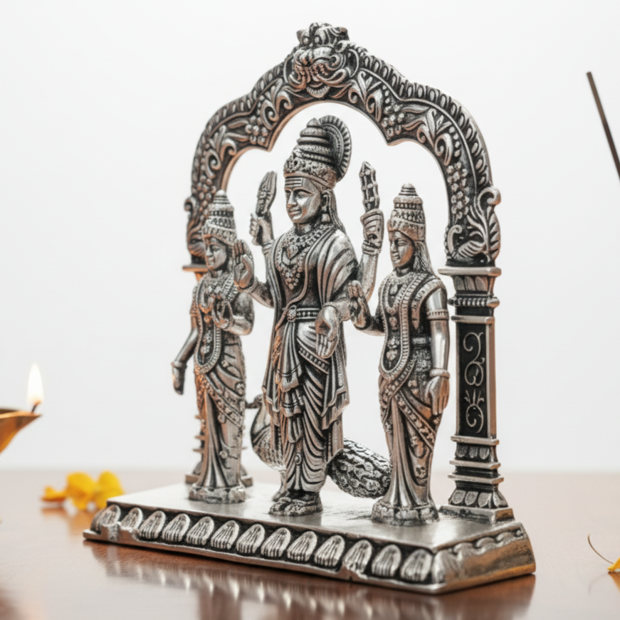 Silver Idol of Lord Murugan with His Consorts