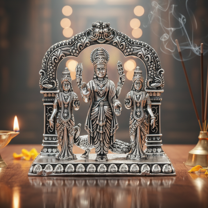 Silver Idol of Lord Murugan with His Consorts