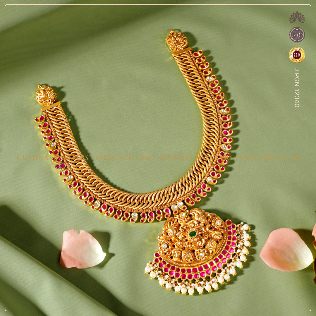 22K Gold Jalebi Necklace with Emeralds, Rubies & Pearls