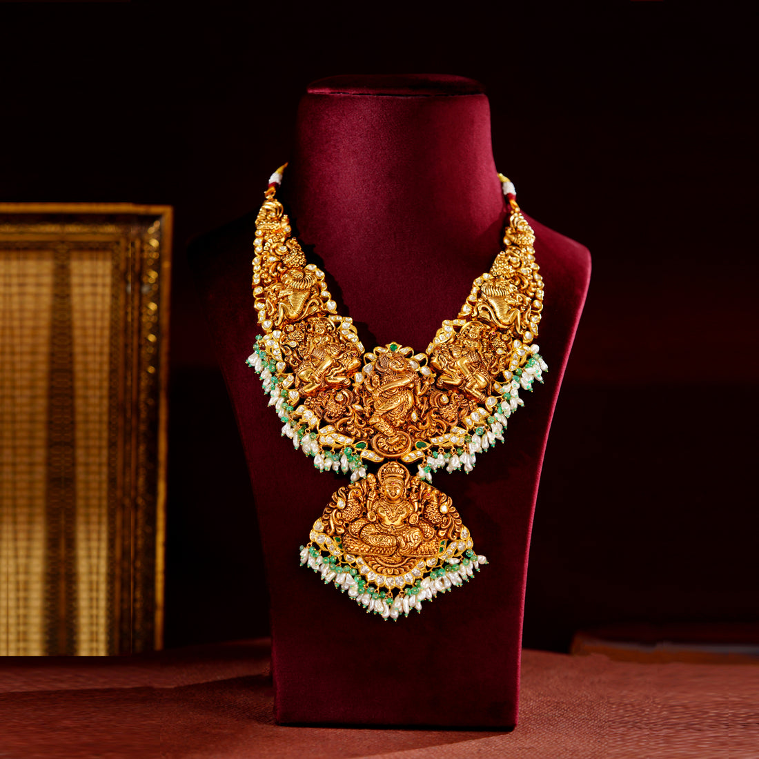 22K Nakshi Lakshmi Haram with Ruby & Emerald Beads Sets