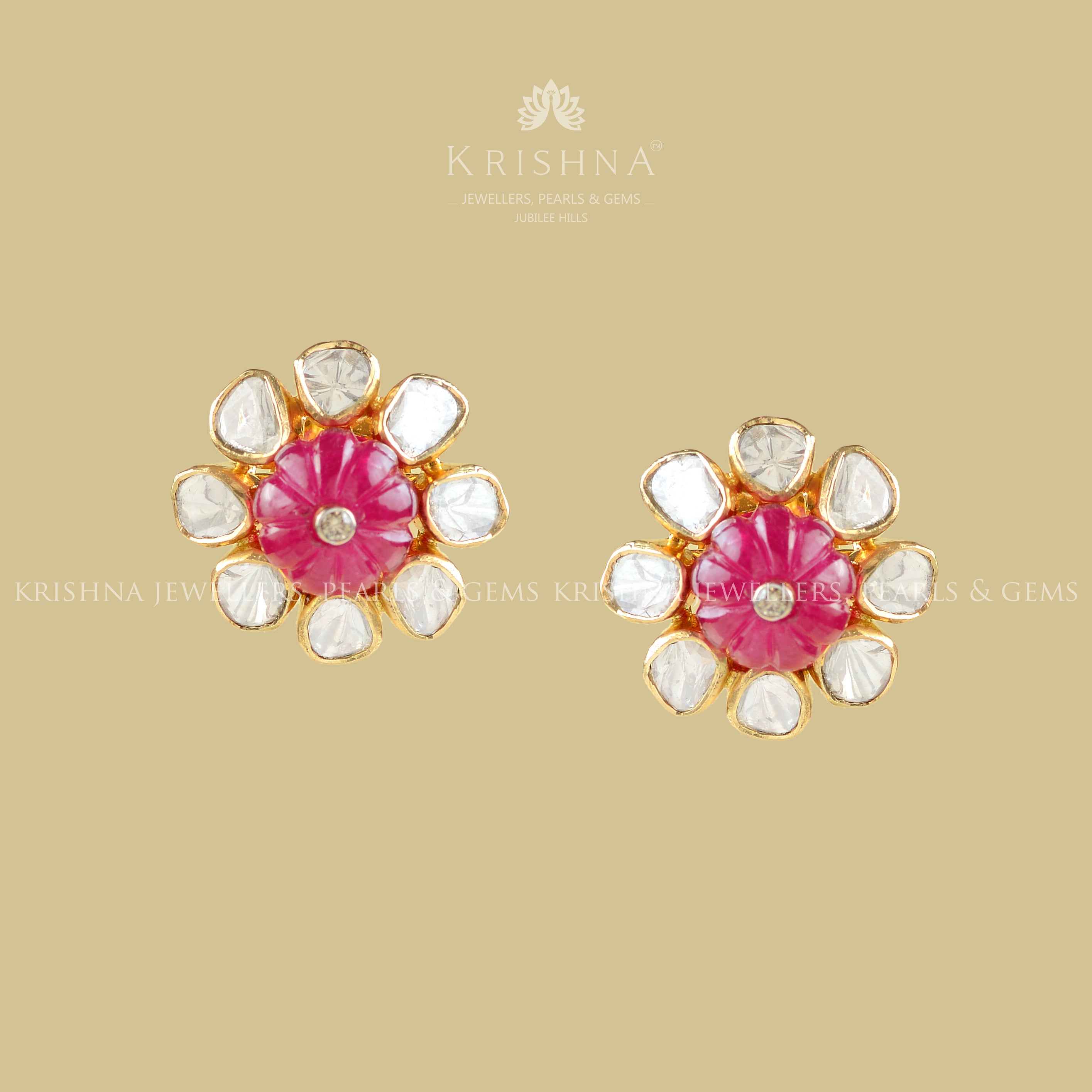 Polki Kharbuja Studed Earrings - Krishna Jewellers Pearls and Gems