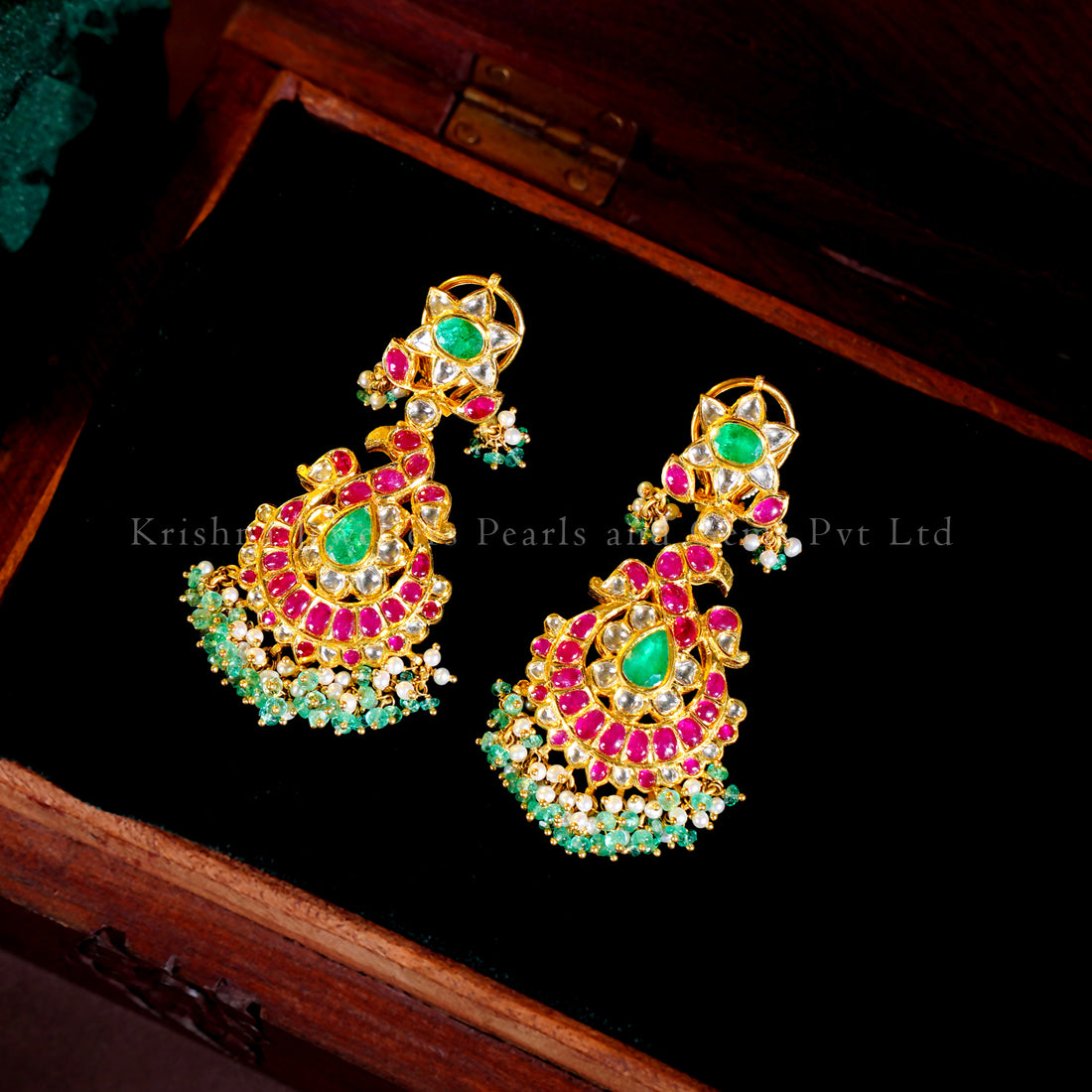 22K Gold Kundan Chandbali Earrings with Pearl Drops