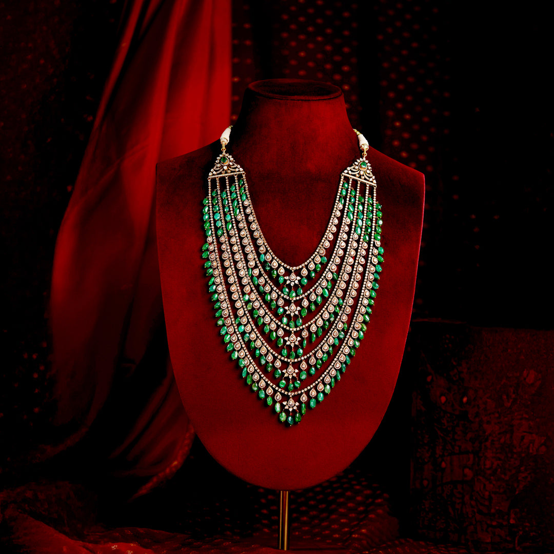 Polki Bridal Haar with Emerald Beads 5 Layer