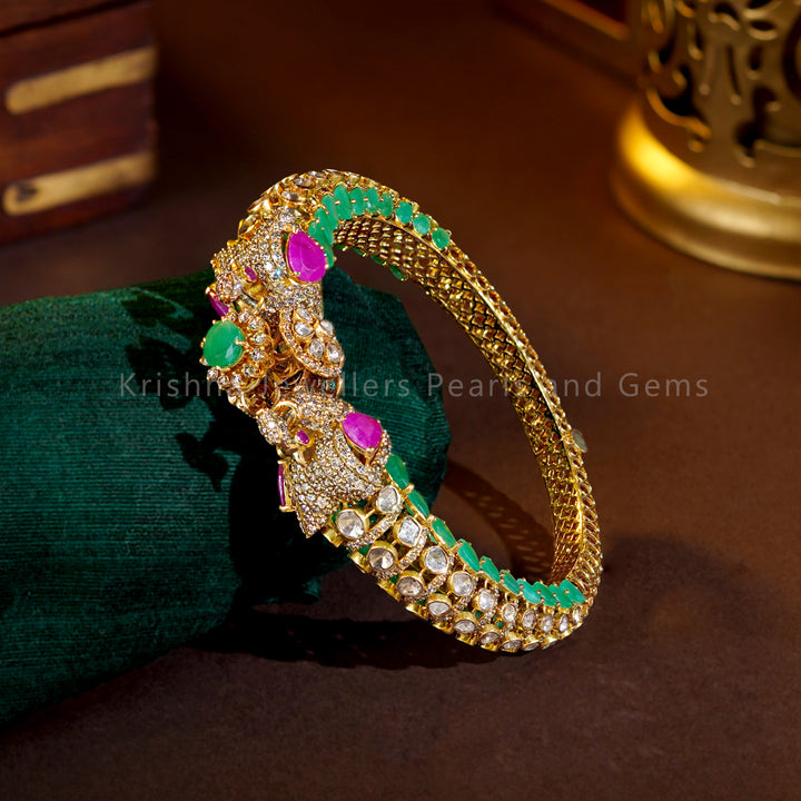 Peacock Emerald Polki Diamond Kada in 18K Gold – Openable