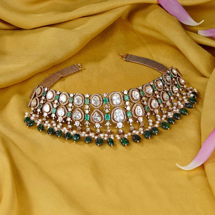 Emerald Polki Diamond Choker in 18K Gold, styled over a high plain neckline
