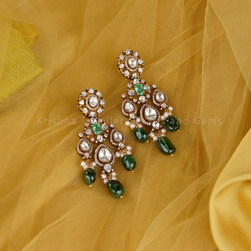 Emerald Polki Diamond Drop Earrings in 18K Gold – Bridal