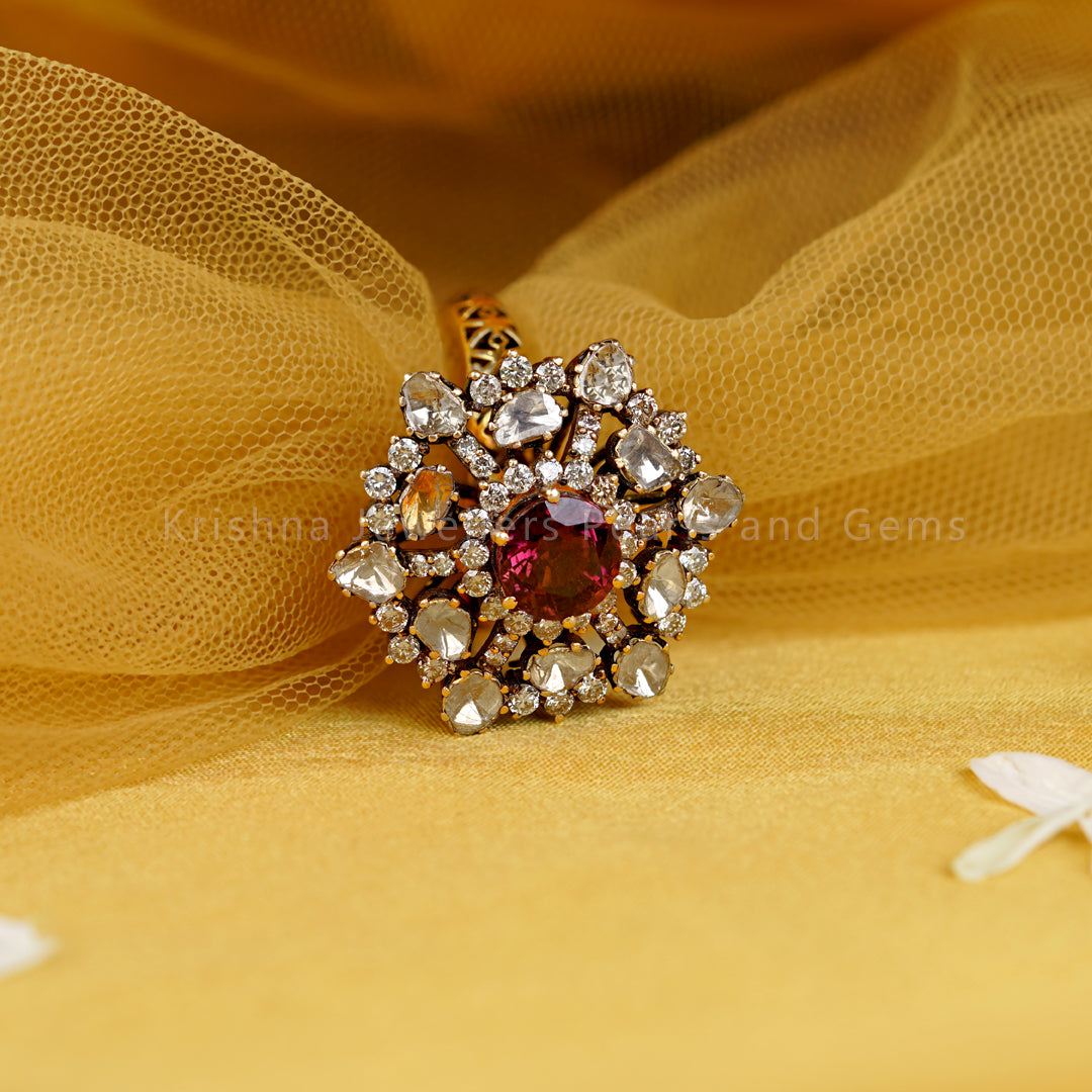 Ruby Polki Diamond Cocktail Ring in 18K Gold – Statement
