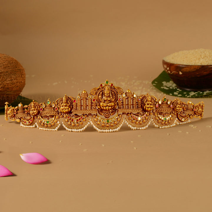 22K Gold Laxmi Devi Vaddanam Crafted with Emeralds and Pearls