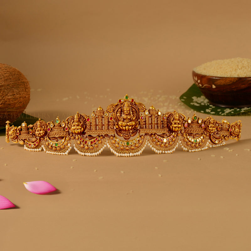 22K Gold Laxmi Devi Vaddanam Crafted with Emeralds and Pearls