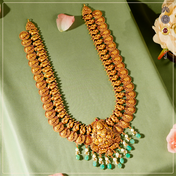 22K Gold Laxmi Devi and Peacock Kasulaperu Necklace – Traditional Temple Jewellery for Women