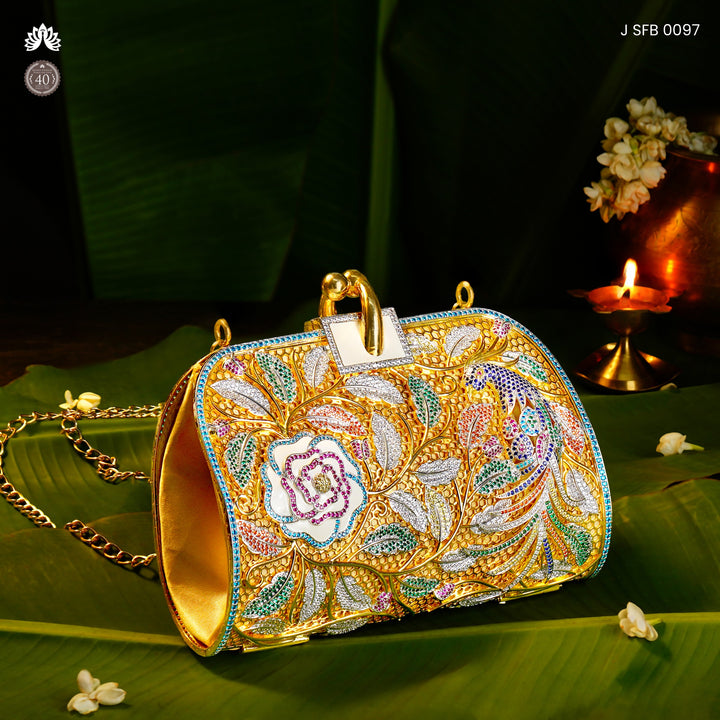 92.5 Silver Floral Clutch with Elegant Gold Polish