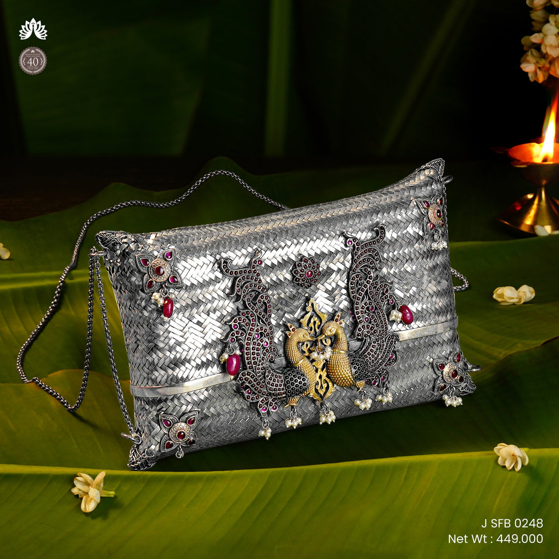 92.5 Silver Twin Peacock Design Handcrafted Clutch