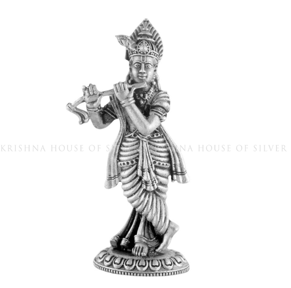 Silver Krishna Idol Playing Flute - Standing Murti