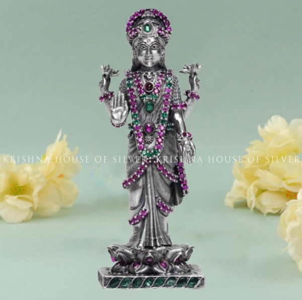 Silver Lakshmi Murti, Standing, Gemstone-Embellished - Prosperity