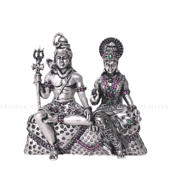 92.5 Silver Divine Couple Shiva Parvati Idol with Stonework