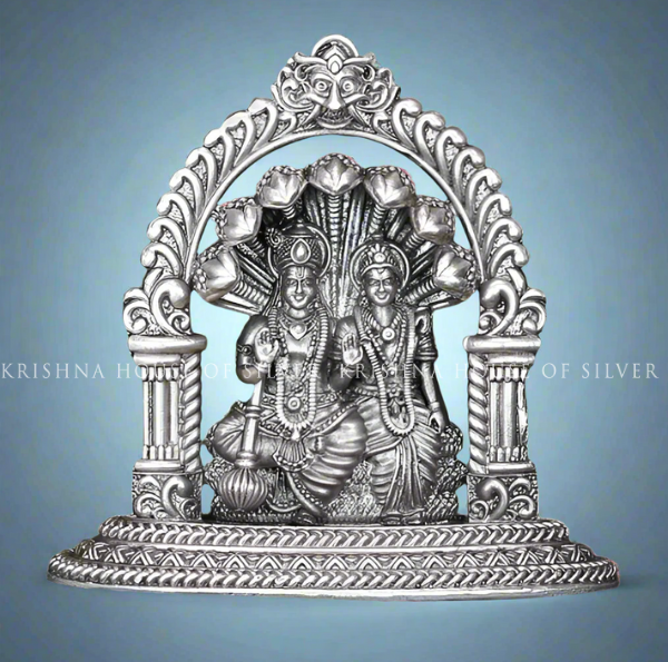 Divine Silver Vishnu Lakshmi Idol - Seated on Shesha, 92.5 Purity