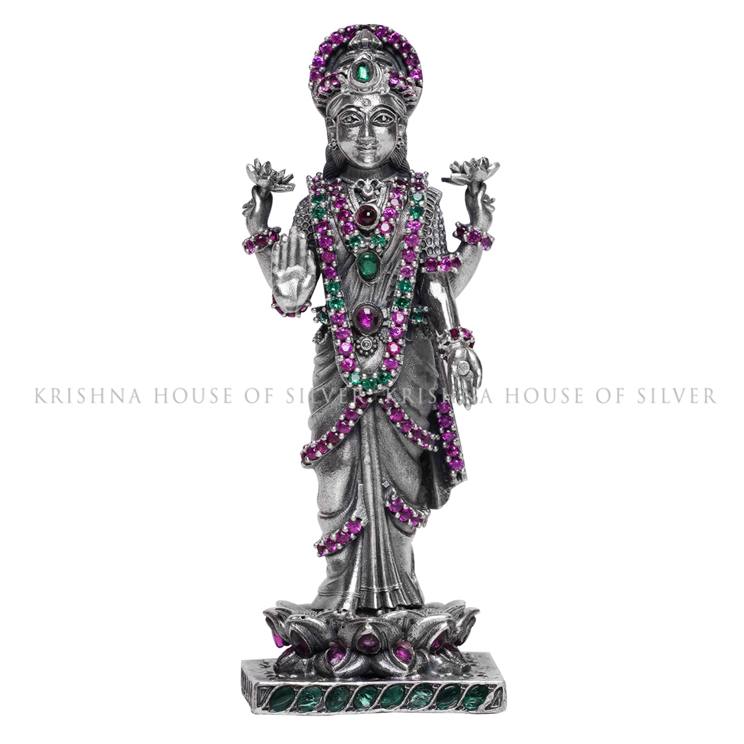 Silver Lakshmi Murti, Standing, Gemstone-Embellished - Prosperity