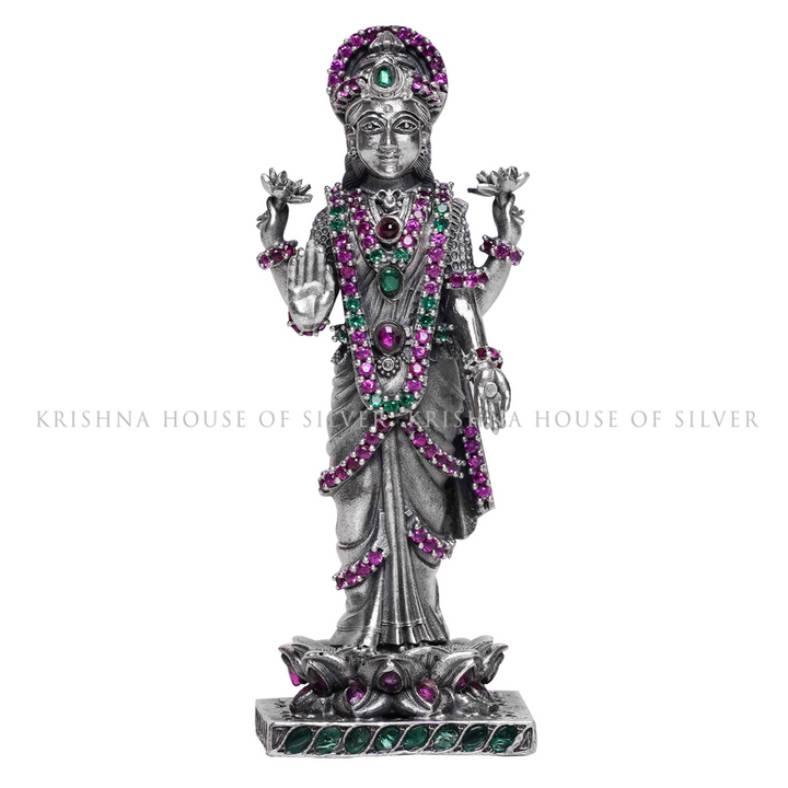 Silver Lakshmi Murti, Standing, Gemstone-Embellished - Prosperity