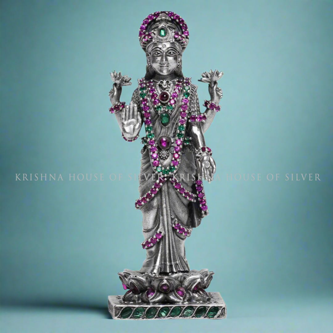 Silver Lakshmi Murti, Standing, Gemstone-Embellished - Prosperity