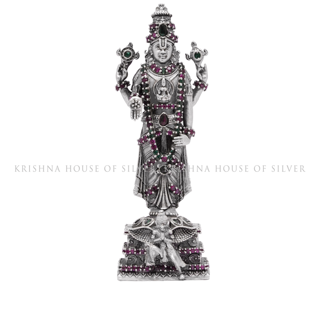 Antique Finish Silver Garuda Venkateswara Idol with Gemstones