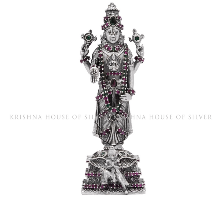 Antique Finish Silver Garuda Venkateswara Idol with Gemstones