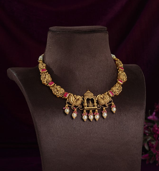 22K Gold Laxmi Motif Peacock Temple Necklace