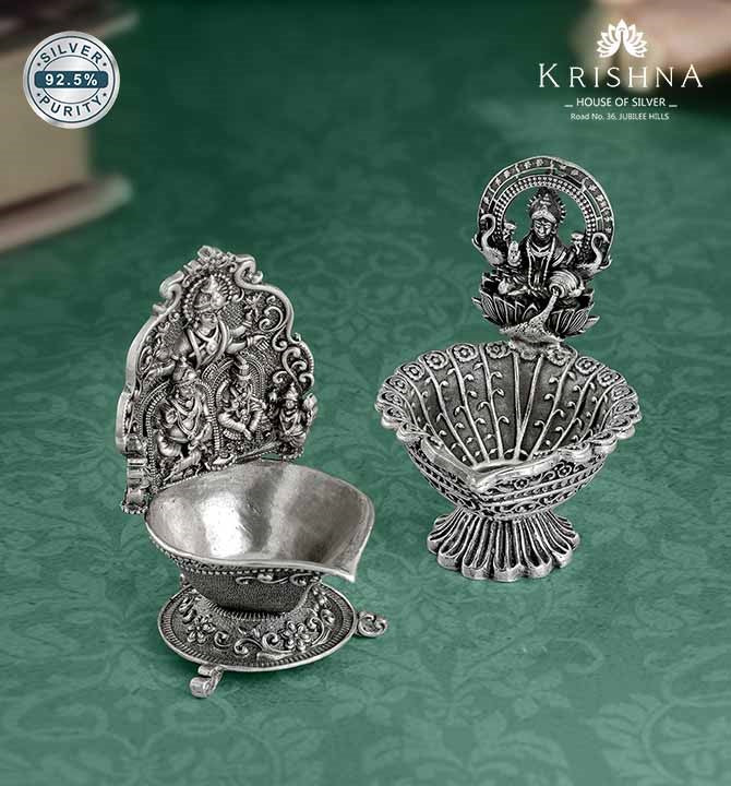 Antique Silver Diya In Laxmi Motif