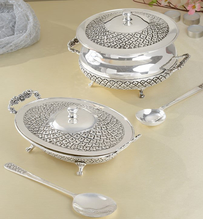 Antique Silver Serving Dishes in Nakshi Work